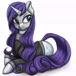 Size: 1024x1024 | Tagged: safe, artist:eternyan, artist:vardastouch, artist:yukomaussi, derpibooru import, rarity, pony, unicorn, alternate hairstyle, blushing, clothes, collaboration, female, mare, simple background, solo, sweater, white background