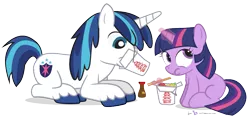 Size: 900x432 | Tagged: artist:dm29, brother and sister, chinese food, chopsticks, cute, derpibooru import, duo, eating, feed bag, female, filly, food, magic, male, safe, shining adorable, shining armor, simple background, soy sauce, transparent background, twilight sparkle