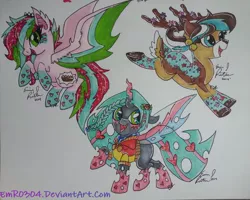 Size: 1024x821 | Tagged: artist:emr0304, changeling, derpibooru import, oc, oc:gallow wisp, oc:jingles, oc:strawberry glimmer, rainbow power, rainbow power-ified, safe, traditional art, unofficial characters only