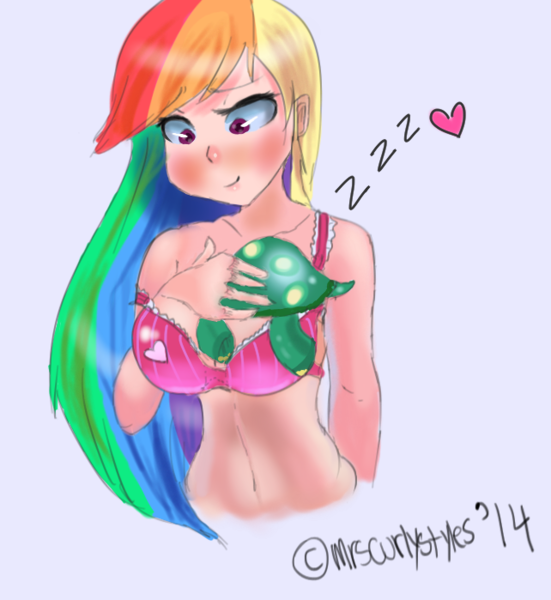 Size: 642x699 | Tagged: artist:mrscurlystyles, bedroom eyes, belly button, blushing, boob smothering, bra, breasts, busty rainbow dash, clothes, cute, derpibooru import, female, frilly underwear, heart, heart print underwear, human, humanized, love, petting, pink underwear, rainbow dash, raised eyebrow, sleeping, smiling, solo, solo female, striped underwear, suggestive, tank, underwear, zzz