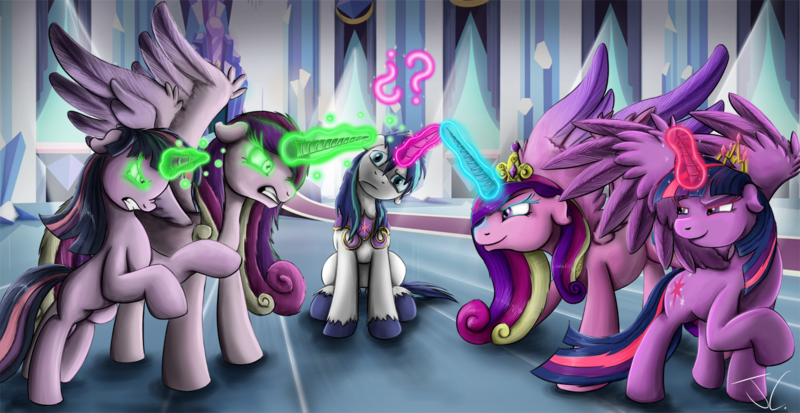 Size: 1500x775 | Tagged: safe, artist:jamescorck, derpibooru import, princess cadance, shining armor, twilight sparkle, twilight sparkle (alicorn), alicorn, changeling, pony, angry, bipedal, confused, crystal palace, female, floppy ears, frown, glare, glowing eyes, gritted teeth, head tilt, looking at you, magic, mare, messy mane, question mark, raised eyebrow, raised hoof, rearing, shining armor gets all the mares, sitting, spread wings, wide eyes