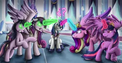 Size: 1500x775 | Tagged: safe, artist:jamescorck, derpibooru import, princess cadance, shining armor, twilight sparkle, twilight sparkle (alicorn), alicorn, changeling, pony, angry, bipedal, confused, crystal palace, female, floppy ears, frown, glare, glowing eyes, gritted teeth, head tilt, looking at you, magic, mare, messy mane, question mark, raised eyebrow, raised hoof, rearing, shining armor gets all the mares, sitting, spread wings, wide eyes