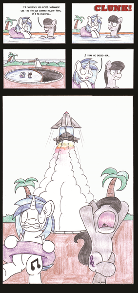 Size: 2480x5262 | Tagged: safe, artist:bobthedalek, derpibooru import, octavia melody, vinyl scratch, pony, bipedal, comic, diving board, palm tree, running, swimming pool, thunderbird 1, thunderbirds, tracy island, traditional art, tree