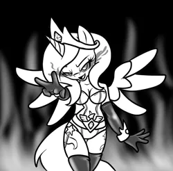 Size: 675x664 | Tagged: alicorn, alicorn amulet, alicornified, anthro, artist:tinker-tock, breasts, cleavage, clothes, derpibooru import, evening gloves, female, glowing eyes, monochrome, race swap, solo, solo female, suggestive, thigh highs, tiara, trixie, trixiecorn