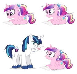 Size: 960x920 | Tagged: safe, artist:dm29, derpibooru import, princess cadance, shining armor, alicorn, pony, unicorn, chinese food, confused, cute, cutedance, duo, eye contact, feed bag, female, horse problems, lidded eyes, looking at each other, looking down, male, mare, onomatopoeia, reading, sad, shining adorable, simple background, smiling, stallion, stuck, transparent background, whimpering, wide eyes