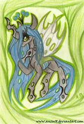 Size: 1488x2196 | Tagged: artist:rossmaniteanzu, changeling, changeling queen, derpibooru import, female, green fire, queen chrysalis, safe, solo, traditional art