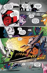Size: 685x1054 | Tagged: safe, derpibooru import, idw, applejack, king sombra, pinkie pie, princess celestia, princess luna, spike, twilight sparkle, twilight sparkle (alicorn), alicorn, pony, spoiler:comic, spoiler:comic20, beam, betrayal, breaking the fourth wall, evil celestia, evil luna, eyes closed, female, fourth wall, glare, good king sombra, magic, mare, meme origin, one hit kill, open mouth, pointing, reflections drama, spread wings, this is a kid's comic, wide eyes