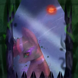 Size: 2000x2000 | Tagged: semi-grimdark, artist:saoiirse, derpibooru import, philomena, twilight sparkle, twilight sparkle (alicorn), alicorn, pony, corrupted, dark magic, evil, female, glowing eyes, magic, mare, mirror, reflection, solo, sombra eyes