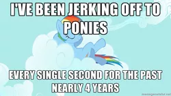 Size: 900x506 | Tagged: suggestive, derpibooru import, edit, edited screencap, screencap, rainbow dash, pony, caption, cloud, cloudy, image macro, implied clopping, implied masturbation, meme, on back, solo