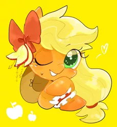 Size: 480x525 | Tagged: safe, artist:29axa, derpibooru import, applejack, pony, apple, apple slice, bow, bust, cute, female, food, hair bow, heart, jackabetes, mare, one eye closed, pixiv, portrait, simple background, smiling, solo, sweat, sweatdrop, wink, yellow background