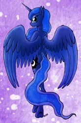 Size: 846x1280 | Tagged: anthro, artist:theunearthlyone, ass, bipedal, derpibooru import, looking back, princess luna, rear view, safe, solo, spread wings