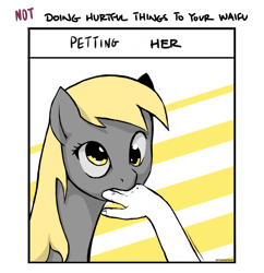 Size: 1258x1300 | Tagged: source needed, useless source url, safe, artist:steve, derpibooru import, derpy hooves, oc, oc:anon, pegasus, pony, animated, biting, blinking, doing loving things, ear twitch, eye shimmer, female, hand, horses doing horse things, mare, meme, meme parody, nom, parody, petting, petting her, waifu