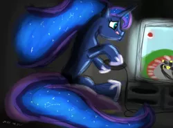 Size: 1280x948 | Tagged: safe, artist:mxcoriginal, derpibooru import, princess luna, gamer luna, dexterous hooves, my little art challenge, solo