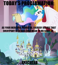 Size: 910x1024 | Tagged: safe, derpibooru import, edit, edited screencap, screencap, princess celestia, alicorn, pony, canterlot, caption, celestia's proclamation, comic, exploitable meme, female, implied execution, mare, meme, parody, screencap comic, vanellope von schweetz, wreck-it ralph