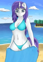 Size: 1000x1450 | Tagged: anthro, artist:dreambreaker, beach, beach towel, belly button, bikini, breasts, busty rarity, clothes, derpibooru import, female, rarity, solo, solo female, suggestive, swimsuit, towel