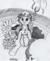 Size: 1223x1500 | Tagged: abstract, artist:halfaman, balloon, camomile, cap, clothes, cloud, derpibooru import, flower, hat, looking at you, monochrome, paper, pinkie pie, rainbow, safe, shirt, solo, traditional art