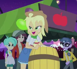 Size: 791x712 | Tagged: safe, derpibooru import, screencap, applejack, microchips, normal norman, tennis match, equestria girls, perfect day for fun, rainbow rocks, animation error, apple bobbing, background human, lidded eyes, out of context, wet hair, wet mane