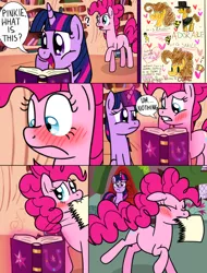 Size: 1024x1347 | Tagged: dead source, safe, artist:jollyjoltik, derpibooru import, cheese sandwich, pinkie pie, twilight sparkle, twilight sparkle (alicorn), alicorn, pony, blushing, book, caught, cheesepie, comic, crush, cute, diapinkes, diary, drawing, embarrassed, female, friendship journal, golden oaks library, humiliated, male, mare, shipping, straight, tearing