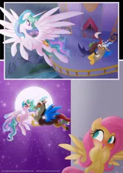 Size: 1000x1415 | Tagged: safe, artist:falleninthedark, artist:stepandy, derpibooru import, discord, fluttershy, princess celestia, comic:notte insonne, bedroom eyes, blushing, collaboration, cute, discute, dislestia, eye contact, female, flying, hiding, male, moon, night, open mouth, shipper on deck, shipping, shyabetes, smiling, spread wings, squee, straight