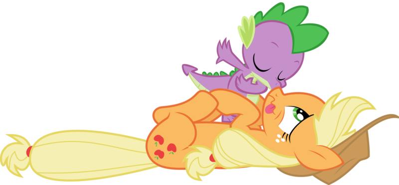 Size: 1600x744 | Tagged: safe, artist:sakatagintoki117, artist:titanium-pony, derpibooru import, edit, vector edit, applejack, spike, dragon, earth pony, pony, :p, applespike, boop, bowing, eyes closed, female, freckles, interspecies, kissing, lying down, male, mare, noseboop, on back, shipping, simple background, straight, tongue out, transparent background, vector, wavy mouth