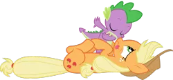 Size: 1600x744 | Tagged: safe, artist:sakatagintoki117, artist:titanium-pony, derpibooru import, edit, vector edit, applejack, spike, dragon, earth pony, pony, :p, applespike, boop, bowing, eyes closed, female, freckles, interspecies, kissing, lying down, male, mare, noseboop, on back, shipping, simple background, straight, tongue out, transparent background, vector, wavy mouth