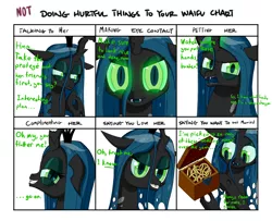 Size: 900x731 | Tagged: angry, artist:deusexequus, bedroom eyes, box, changeling, changeling queen, chest, colored sclera, derpibooru import, dialogue, doing loving things, female, frown, glare, glowing eyes, glowing horn, grin, horn, hypnosis, jewelry, lidded eyes, looking at you, meme, not doing hurtful things to your waifu, offscreen character, open mouth, pov, queen chrysalis, ring, safe, simple background, smiling, smirk, smug, talking to viewer, text, wedding ring, white background
