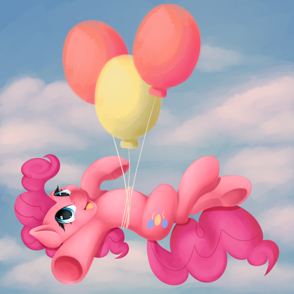 Size: 2500x2500 | Tagged: safe, artist:ac-whiteraven, derpibooru import, pinkie pie, balloon, floating, solo, then watch her balloons lift her up to the sky, underhoof