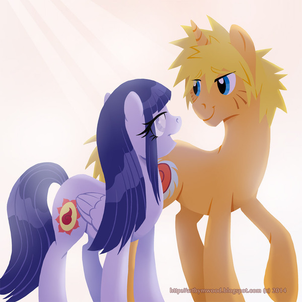 Size: 1000x1000 | Tagged: safe, artist:raynesgem, derpibooru import, ponified, pegasus, pony, unicorn, bedroom eyes, eye contact, female, hyuuga hinata, long mane, male, mare, naruhina, naruto, open mouth, raised hoof, simple background, smiling, stallion, uzumaki naruto, white background