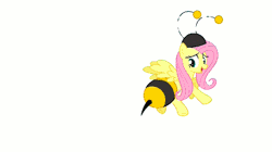 Size: 495x278 | Tagged: animal costume, animated, bee, bee costume, beekini, butt shake, clothes, costume, derpibooru import, flutterbee, fluttershy, flying, looking back, plot, safe, simple background, smiling, solo, spread wings, talking, white background