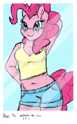 Size: 2500x4000 | Tagged: anthro, armpits, artist:lisa400, belly button, cleavage, clothes, derpibooru import, female, midriff, muffin top, pinkie pie, plump, polaroid, pose, safe, shorts, sketch, solo, tanktop