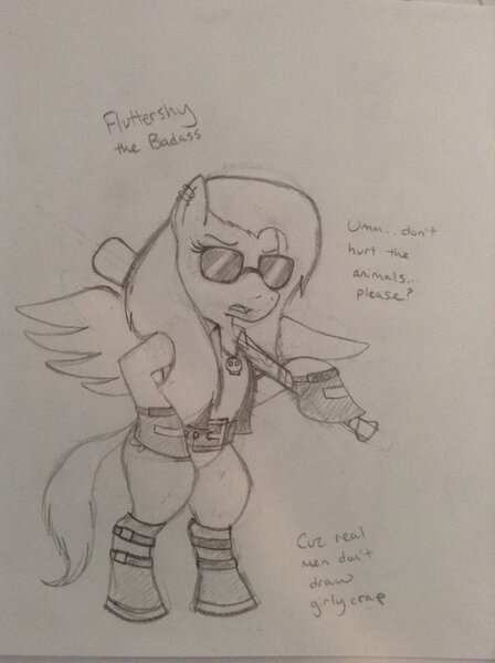 Size: 600x803 | Tagged: safe, artist:gathion, derpibooru import, fluttershy, pony, baseball bat, bipedal, monochrome, sketch, solo, sunglasses, traditional art