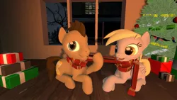 Size: 1280x720 | Tagged: safe, artist:mrderpinhooves, derpibooru import, derpy hooves, doctor whooves, time turner, pegasus, pony, 3d, christmas, christmas tree, clothes, cute, doctorderpy, female, happy, hearth's warming eve, male, mare, present, scarf, shared clothing, shared scarf, shipping, source filmmaker, straight, tree, winter