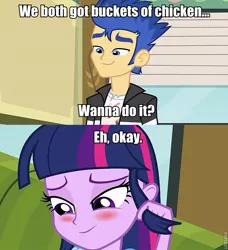 Size: 640x703 | Tagged: safe, derpibooru import, edit, edited screencap, screencap, flash sentry, twilight sparkle, equestria girls, blushing, caption, comic, expiration date, female, flashlight, image macro, love & war update, male, meme, reference, roflbot, scout, shipping, straight, team fortress 2, text