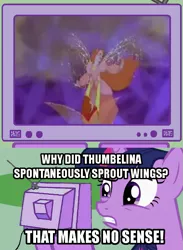 Size: 563x770 | Tagged: derpibooru import, don bluth, exploitable meme, hypocritical humor, image macro, ironic, irony, meme, obligatory pony, safe, thumbelina, tv meme, twilight sparkle