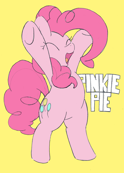 Size: 2513x3504 | Tagged: safe, artist:yasumitsu, derpibooru import, pinkie pie, pony, bipedal, cute, diapinkes, eyes closed, open mouth, pixiv, simple background, solo, yellow background