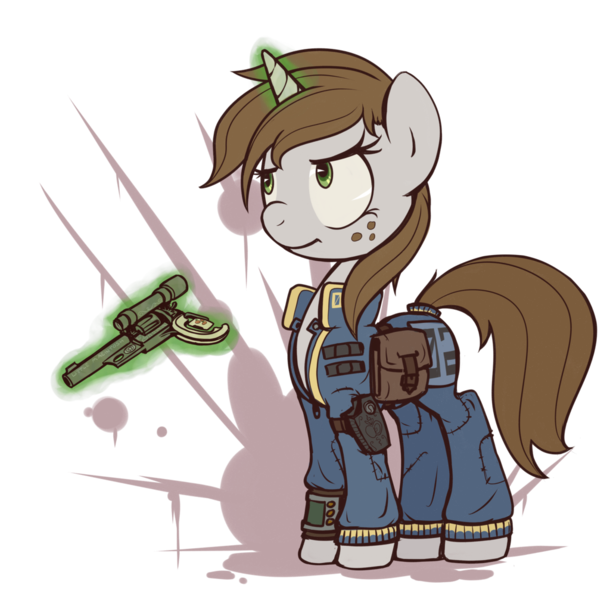 Size: 1024x1007 | Tagged: safe, artist:inlucidreverie, derpibooru import, oc, oc:littlepip, unofficial characters only, pony, unicorn, fallout equestria, fanfic, blood splatter, clothes, fallout, fanfic art, female, freckles, frown, glare, glowing horn, gun, handgun, holster, hooves, horn, jumpsuit, levitation, little macintosh, magic, mare, optical sight, pipbuck, revolver, saddle bag, simple background, solo, telekinesis, transparent background, vault suit, weapon