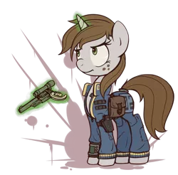Size: 1024x1007 | Tagged: safe, artist:inlucidreverie, derpibooru import, oc, oc:littlepip, unofficial characters only, pony, unicorn, fallout equestria, fanfic, blood splatter, clothes, fallout, fanfic art, female, freckles, frown, glare, glowing horn, gun, handgun, holster, hooves, horn, jumpsuit, levitation, little macintosh, magic, mare, optical sight, pipbuck, revolver, saddle bag, simple background, solo, telekinesis, transparent background, vault suit, weapon