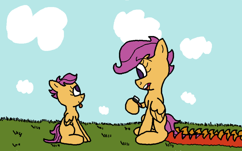 Size: 958x599 | Tagged: artist:nobody-hares, derpibooru import, safe, scootaloo, solo, time travel