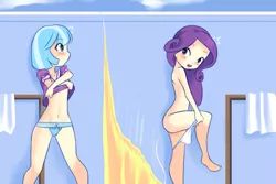 Size: 1024x683 | Tagged: artist:drantyno, barefoot, belly button, blue underwear, blushing, changing, changing room, clothes, coco pommel, dressing, dressing room, embarrassed, embarrassed nude exposure, feet, female, females only, frilly underwear, human, humanized, looking back, nudity, open mouth, panties, rarity, ribbon, suggestive, surprised, teasing, thong, underwear, undressing, white underwear, wide eyes