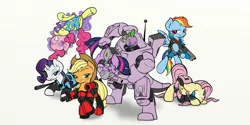 Size: 1280x640 | Tagged: safe, artist:inkwell, derpibooru import, applejack, fluttershy, pinkie pie, rainbow dash, rarity, spike, twilight sparkle, pony, armor, behaving like a weapon, crossover, gun, hmd, mane six, mecha, psionics, twigun, x-com, xcom: enemy unknown