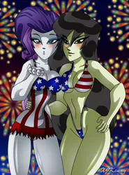 Size: 600x812 | Tagged: suggestive, artist:xjkenny, derpibooru import, rarity, equestria girls, bad anatomy, bikini, blowing a kiss, blushing, breasts, busty rarity, cleavage, clothes, crossover, female, fireworks, kim possible, looking at you, monika kwiatkowska, polish, shego, swimsuit, voice actor joke