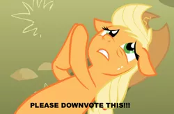 Size: 944x623 | Tagged: safe, derpibooru import, applejack, applepray, downvote, image macro, meme, on back, reverse psychology, solo