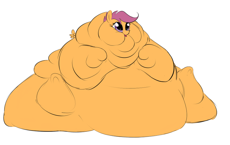 Size: 968x610 | Tagged: questionable, artist:calorie, derpibooru import, scootaloo, pony, blob, chubby cheeks, fat, immobile, impossibly large everything, morbidly obese, obese, rolls of fat, scootalard, solo