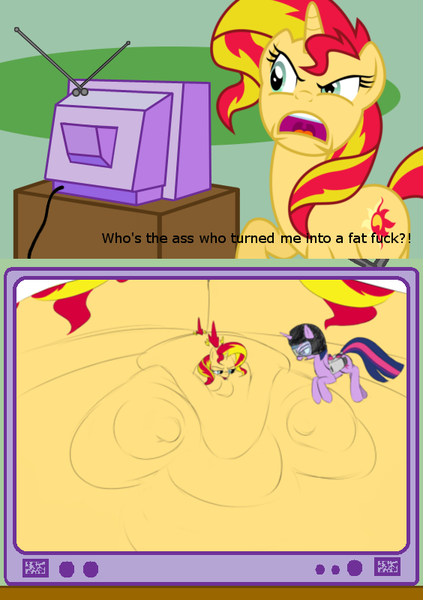 Size: 564x800 | Tagged: questionable, artist:calorie, derpibooru import, sunset shimmer, twilight sparkle, twilight sparkle (alicorn), alicorn, pony, unicorn, angry, exploitable meme, fat, immobile, impossibly large butt, impossibly large everything, impossibly obese, jet wings, meme, morbidly obese, obese, obligatory pony, plot, shimmerzilla, slobset shimmer, sunset is disgusted, tv meme, vulgar