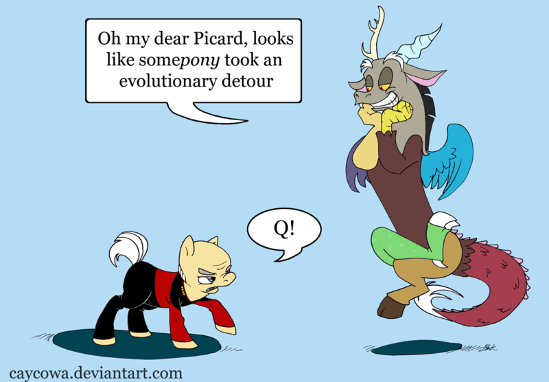 Size: 1000x695 | Tagged: artist:caycowa, crossover, discord, disqord, jean-luc picard, ponified, q, safe, star trek, star trek: the next generation