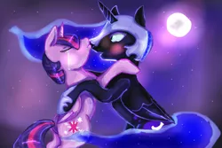 Size: 900x600 | Tagged: safe, artist:pinkietane, derpibooru import, nightmare moon, twilight sparkle, twilight sparkle (alicorn), alicorn, pony, bipedal, blushing, crying, eyes closed, female, hug, kissing, lesbian, mare, moon, open mouth, shipping, surprise kiss, surprised, twimoon