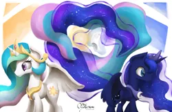 Size: 2550x1650 | Tagged: safe, artist:opticspectrum, derpibooru import, princess celestia, princess luna, alicorn, pony, cutie mark, duo, female, horn, intertwined tails, jewelry, moon, regalia, sun, wings