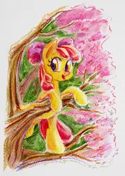 Size: 600x847 | Tagged: apple bloom, artist:maytee, climbing, derpibooru import, safe, solo, traditional art, tree