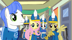 Size: 300x169 | Tagged: safe, artist:ilovekimpossiblealot, derpibooru import, daring do, derpy hooves, fluttershy, octavia melody, vinyl scratch, pegasus, pony, animated, awkward, female, let's go and meet john de lancie, looking at you, mare, raised eyebrow, reaction image, wtf