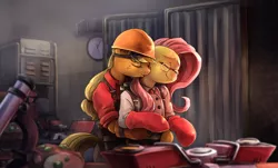 Size: 2042x1235 | Tagged: safe, artist:audrarius, derpibooru import, applejack, fluttershy, pony, semi-anthro, appleshy, bipedal, bread, clothes, crossover, engineer, expiration date, eyes closed, female, fluttermedic, glasses, hug, hug from behind, kissing, lesbian, medic, neck kiss, parody, shipping, smiling, team fortress 2